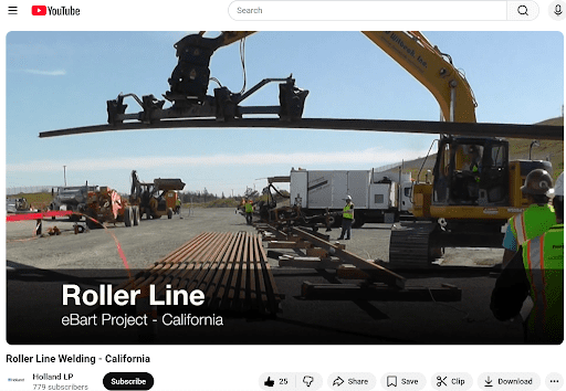 Holland LP delivering rail to flash butt welders using DymaxRail Rail Handler LG — Roller Line project, California