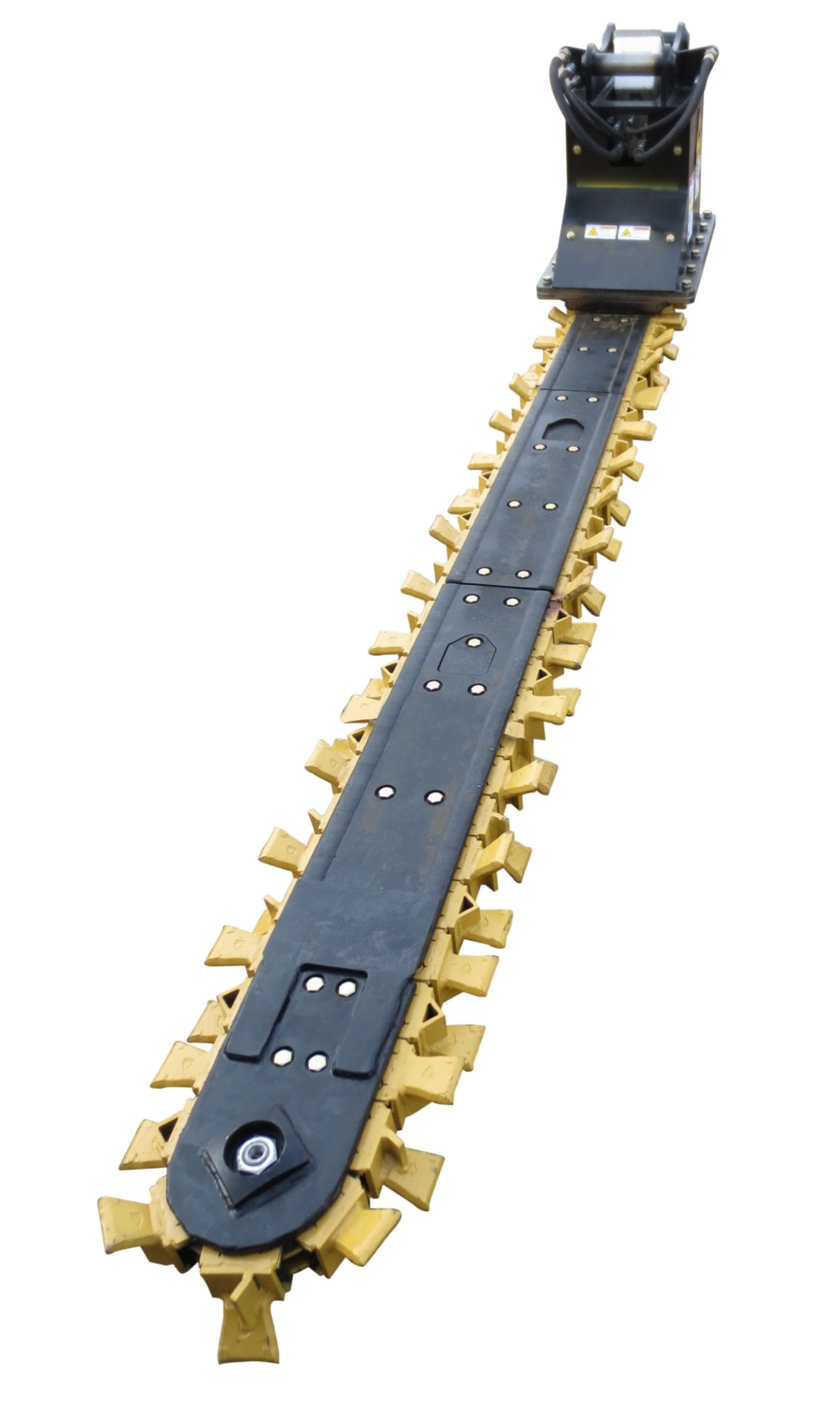 DymaxRail Ballast Blaster Undercutter – Cutter Bar with Carbide Teeth DymaxRail Ballast Blaster undercutter cutter bar showing dual-sided carbide cutting teeth, drive motor housing, and idler wheel — full bar assembly on white background