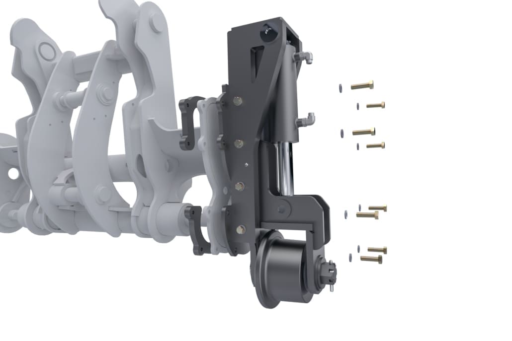 DymaxRail Rail Rider S-BL front rail guide installation detail for Caterpillar backhoe loader