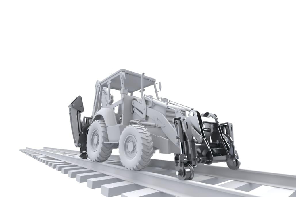 Caterpillar 420 backhoe loader with DymaxRail Rail Rider S-BL stabilizer-mounted hi-rail system on railroad track