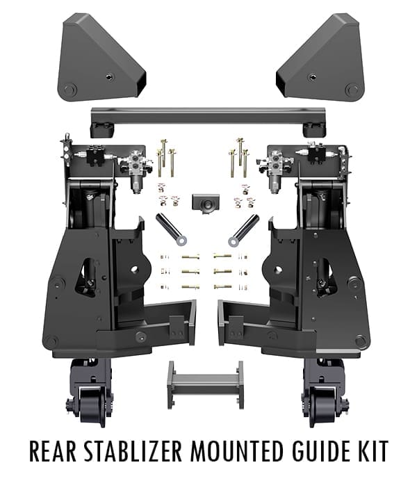DymaxRail Rail Rider S-BL rear stabilizer-mounted hi-rail kit components including outrigger pads, hydraulic components, and 7-inch retractable rail wheels