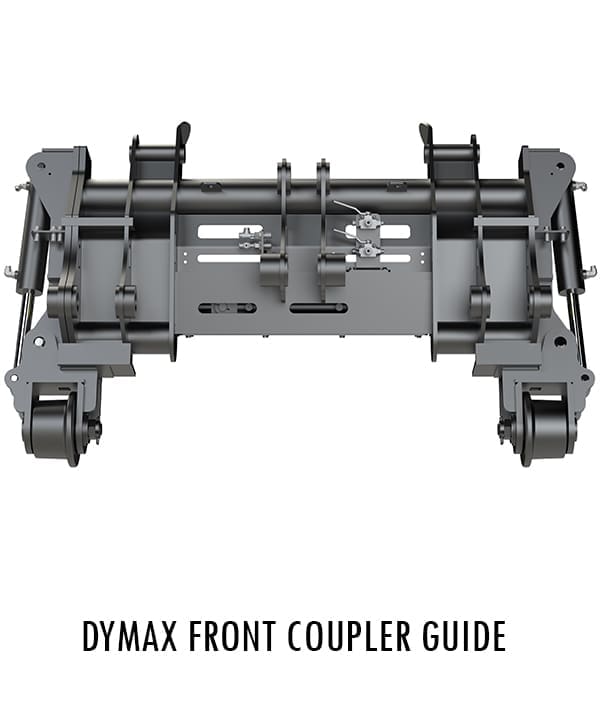 DymaxRail Rail Rider S-BL DQH7 Dymax-built front loader coupler with hydraulic-lift rail guide kit for John Deere 410 and 710 backhoe loaders, showing coupler-mounted railgear and 7-inch front rail wheels
