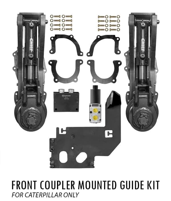DymaxRail Rail Rider S-BL hydraulic coupler-mounted front rail guide kit for Caterpillar backhoe loaders, showing coupler-mounted railgear and 7-inch front rail guide wheels