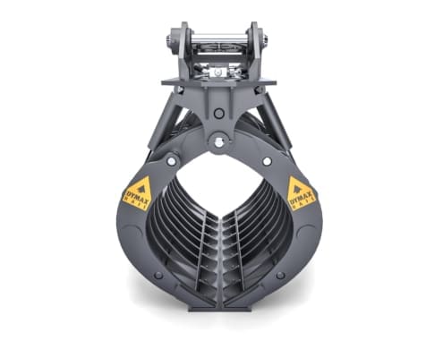 Dymax Basket Tine Grapple for railway debris sorting, front three-quarter view