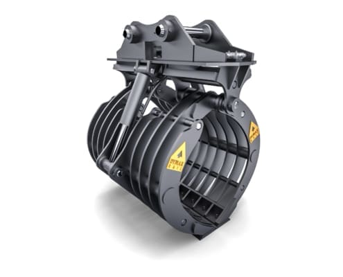 Dymax Basket Tine Grapple for railway right-of-way cleanup, three-quarter view