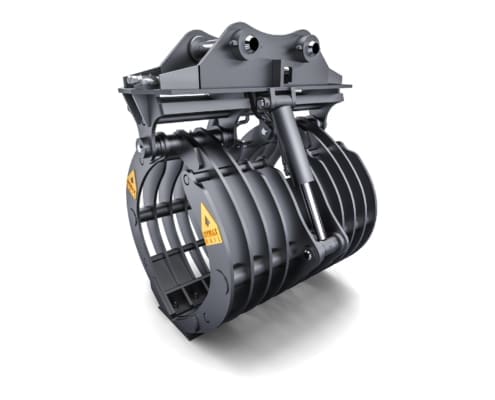 Dymax skeleton tine grapple for railway debris handling, three-quarter view