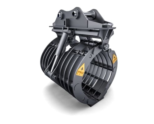 Dymax Basket Tine Grapple for railway debris sorting, left three-quarter view
