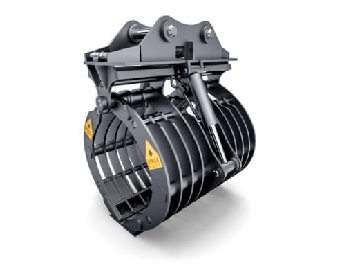 Dymax Basket Tine Grapple for railway debris sorting, right three-quarter view