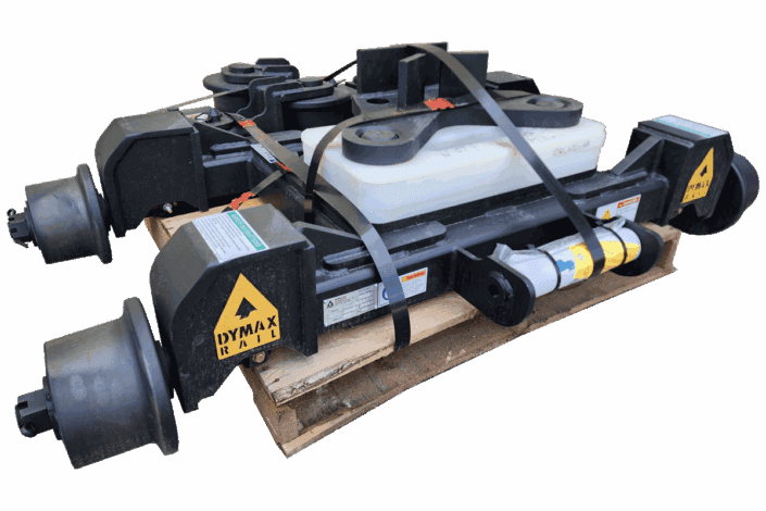 Insulated rear 4-wheel dolly option for the Dymax Rail Rider hi-rail guide system for backhoes
