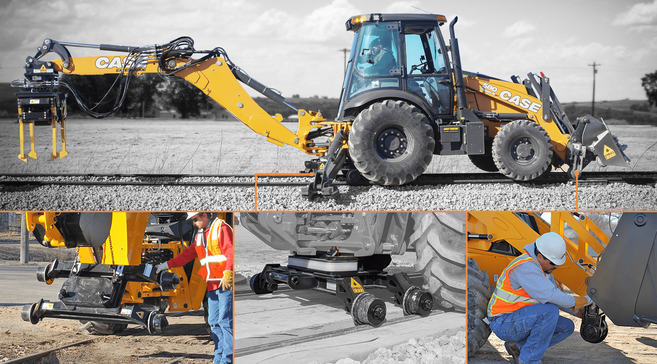 Composite image showing a backhoe loader converted into a hi-rail machine with the Dymax Rail Rider guide system and rear dolly components