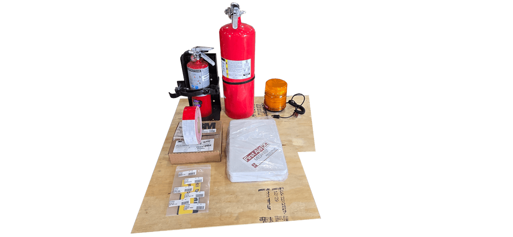 Dymax Rail Rider X2 included FRA safety equipment kit FRA safety equipment included with the Dymax Rail Rider X2 hi-rail system, including fire extinguishers, first aid kit, amber strobe light, and retroreflective tape