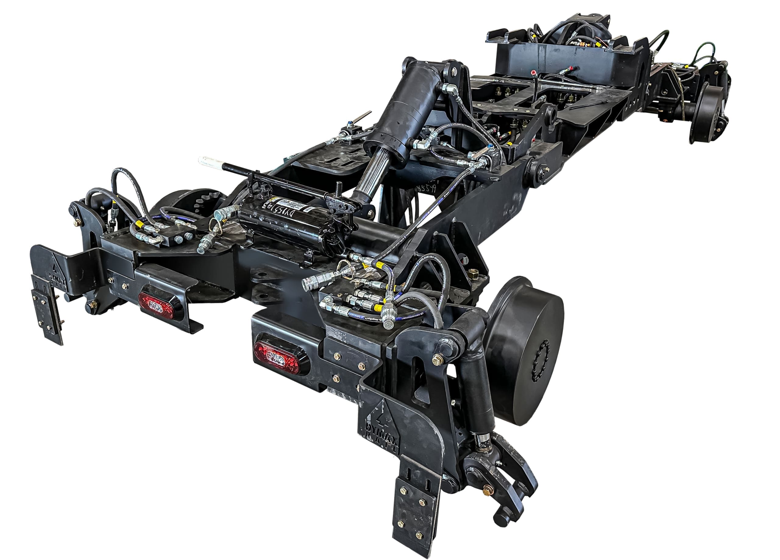 Dymax Rail Rider X2-8T hi-rail undercarriage feature overview Dymax Rail Rider X2-8T detachable hi-rail undercarriage for 8-ton track excavators with standard features including hydraulic rail clamps, LED directional lighting, SAHR braking, and the 2-speed hydrostatic drive