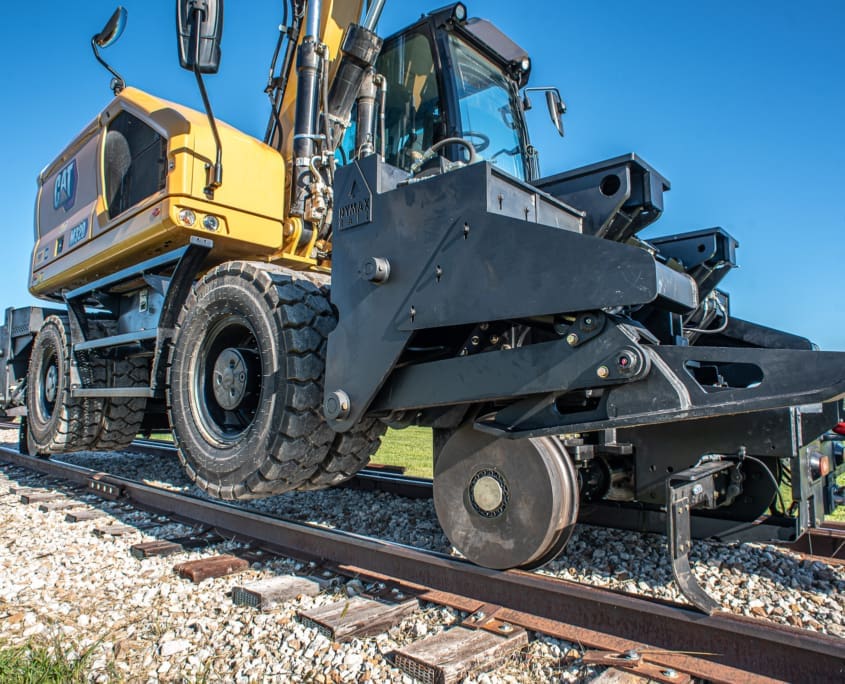 DymaxRail Rail Rider WX with hydrostatic drive providing powered rail travel for wheel excavators