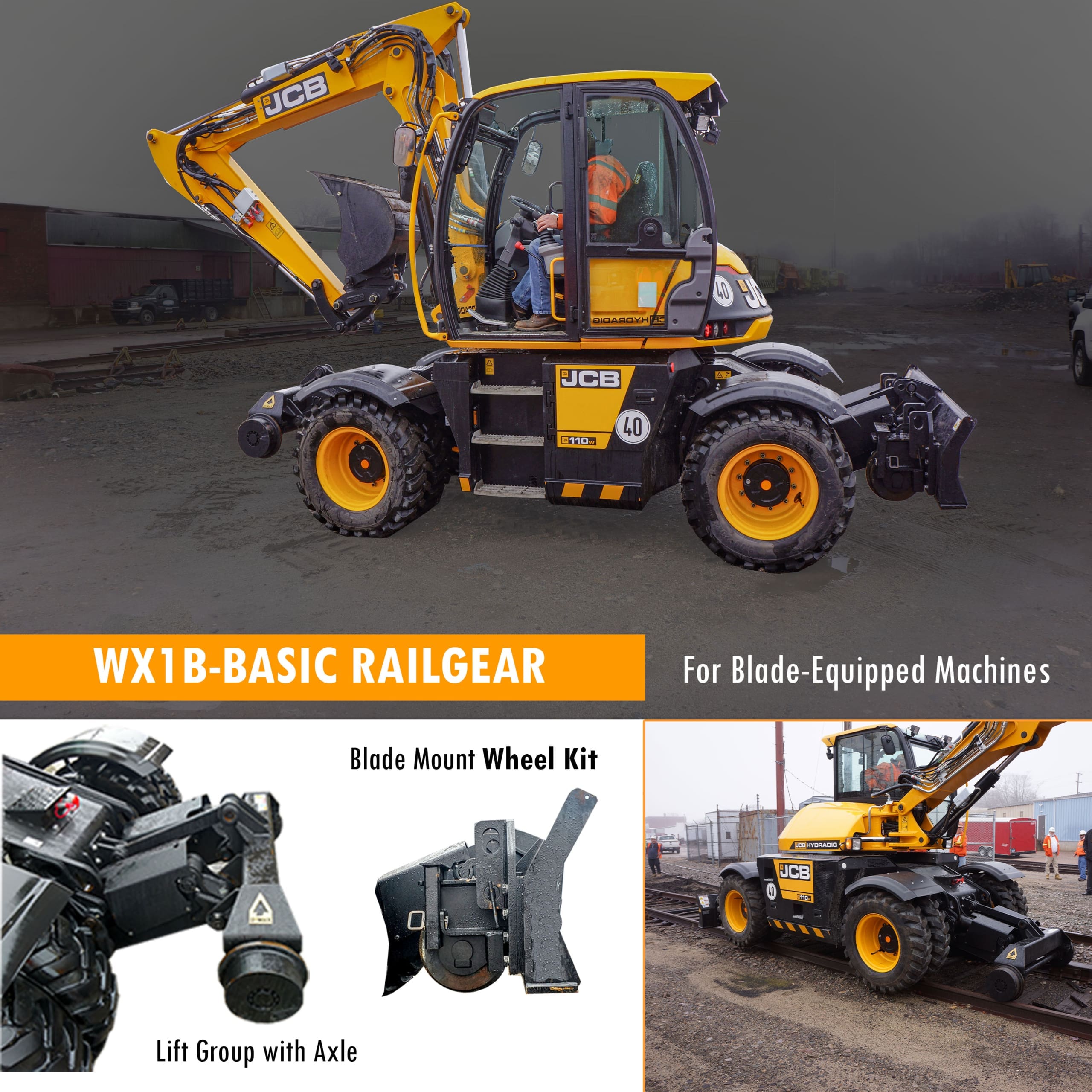 DymaxRail Rail Rider WX1B Base Package – Blade-Mount and Rear Railgear DymaxRail Rail Rider WX1B base hi-rail package showing blade-mounted front guide wheels and rear stabilizer railgear
