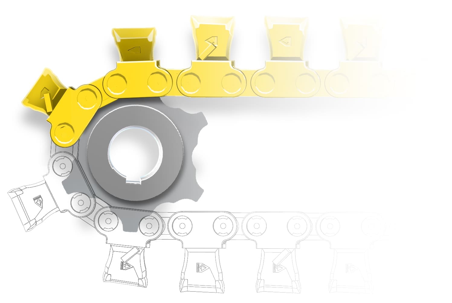 Cutaway view of a DymaxRail Ballast Blaster undercutter chain and sprocket replacement part (DX-UCP-CHAIN-D)