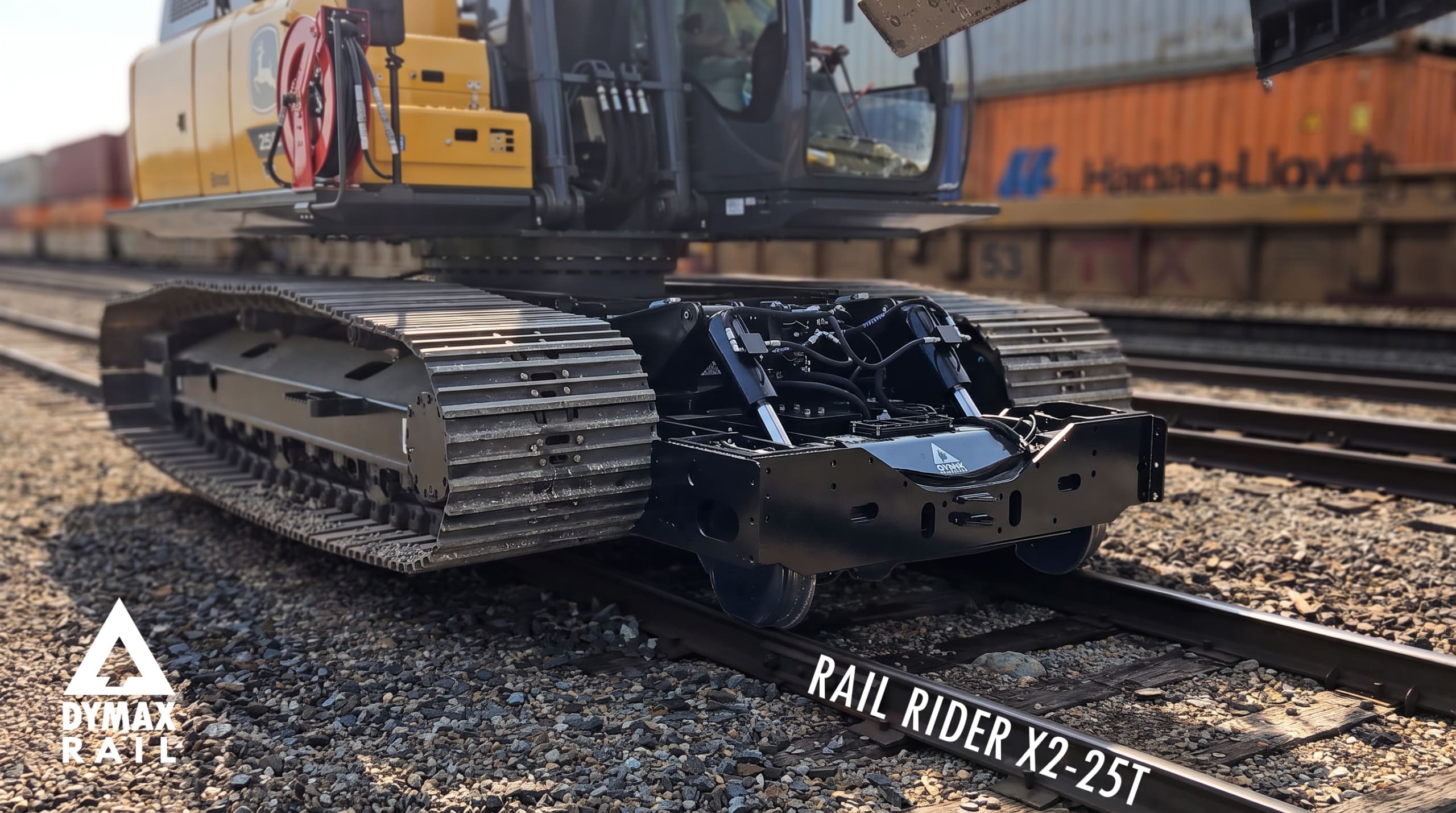 X2 railgear system on a 20-25 ton excavator 20-25 ton excavator on X2 railgear with a 2-speed hydrostatic drive and 16-inch rail wheels