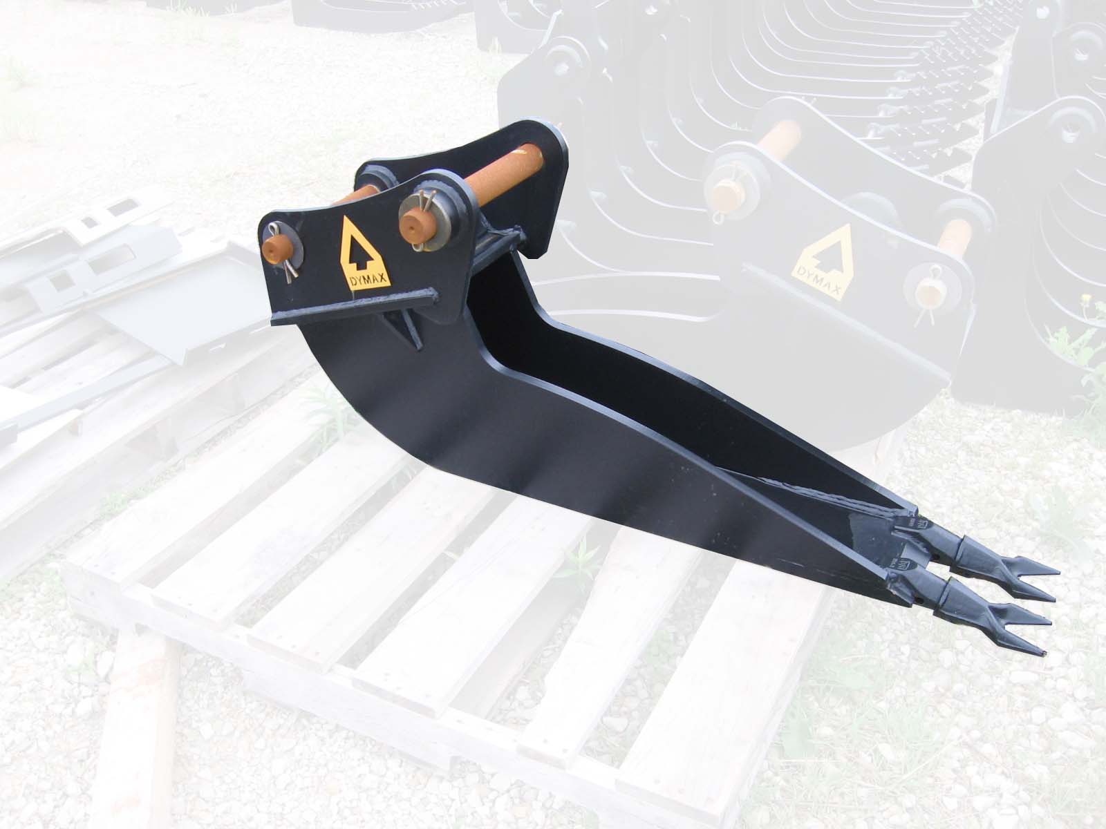DymaxRail 8-inch railway cribbing bucket for backhoe loader, showing long-lip low-profile design with twin weld-on adapters and tips
