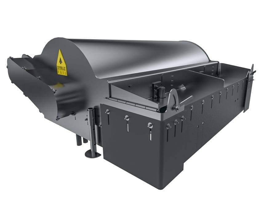 DymaxRail Ballast Broom attachment — standalone product view showing discharge doors and integrated rail wheels
