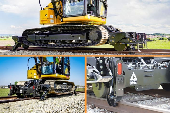 Cat 315 track excavator with Dymax Rail Rider X2-15T stabilizers and rail clamps Cat 315 track excavator equipped with the Dymax Rail Rider X2-15T hi-rail system, shown traveling on rail, working off-rail with stabilizers deployed, and in close-up detail of the integrated rail clamp and stabilizer assembly